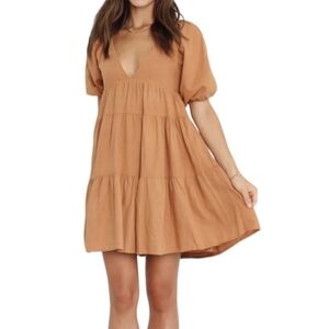 NWT girl and the sun lorey puff sleeve linen blend mini dress Tan
